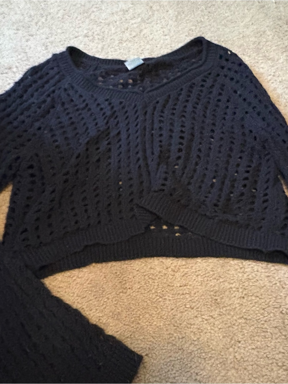 wild fable Black Open-Weave Cropped Crew Sweater